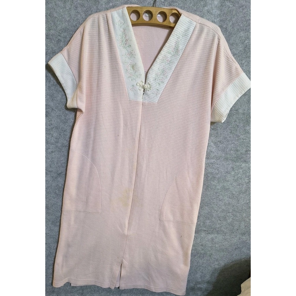 Miss Elaine Robe Housecoat Blue Pastel Size L Zip Front Waffle Weave Pockets